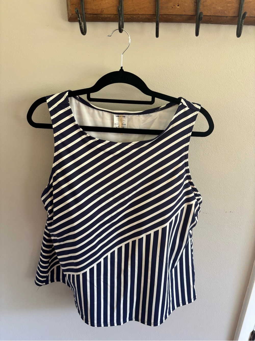 Lands' End Navy and White Striped Scoop Neck Tankini Swim Top